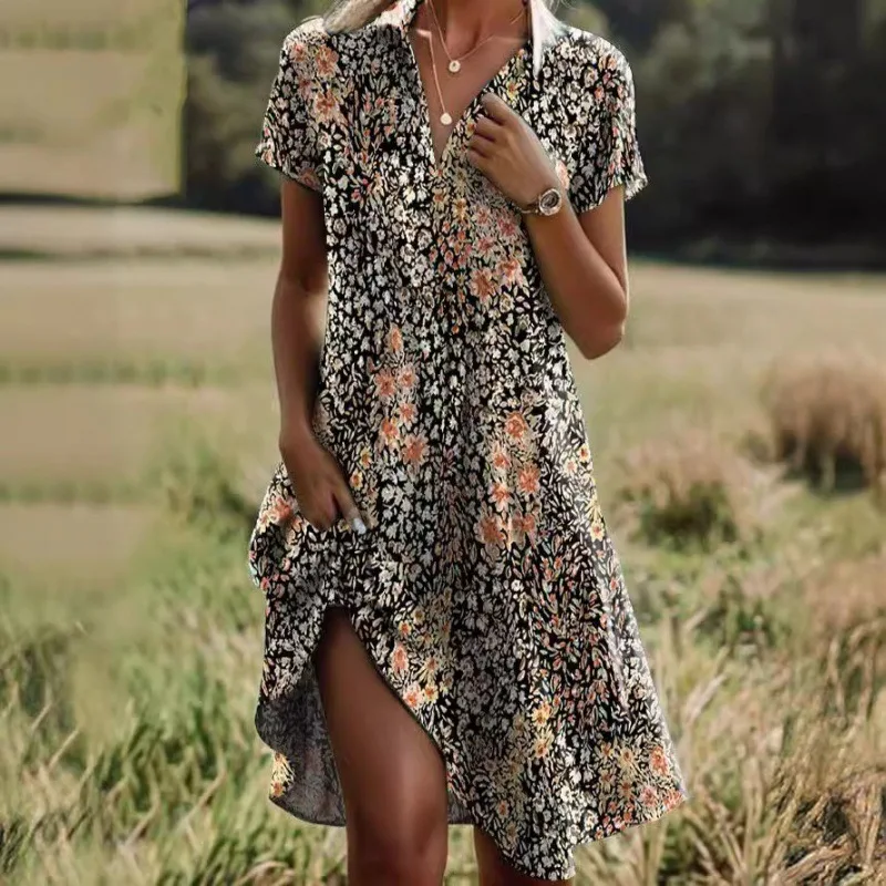Robe élégante florale avec col V et boutons – Image 6